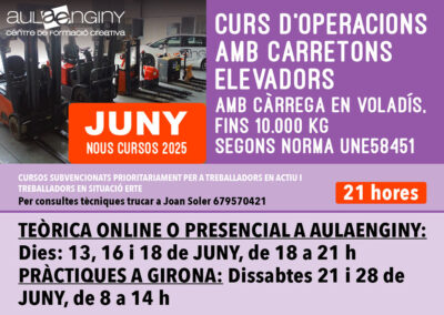 Curs d’operacions amb carretons elevadors amb càrrega en voladís. Fins 10.000 Kg segons norma UNE58451