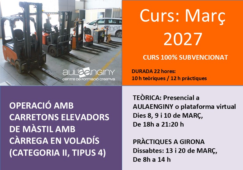 Curs d’Operacions amb carretons elevadors de màstil amb càrrega en voladís (categoria II, tipus 4) – Uier